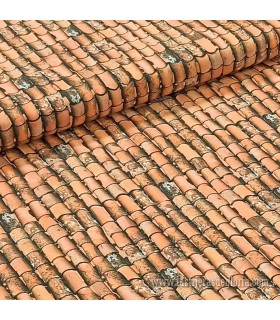 Tela con tejas viejas grandes terracota colección Naturaleza ancho 140 cm.