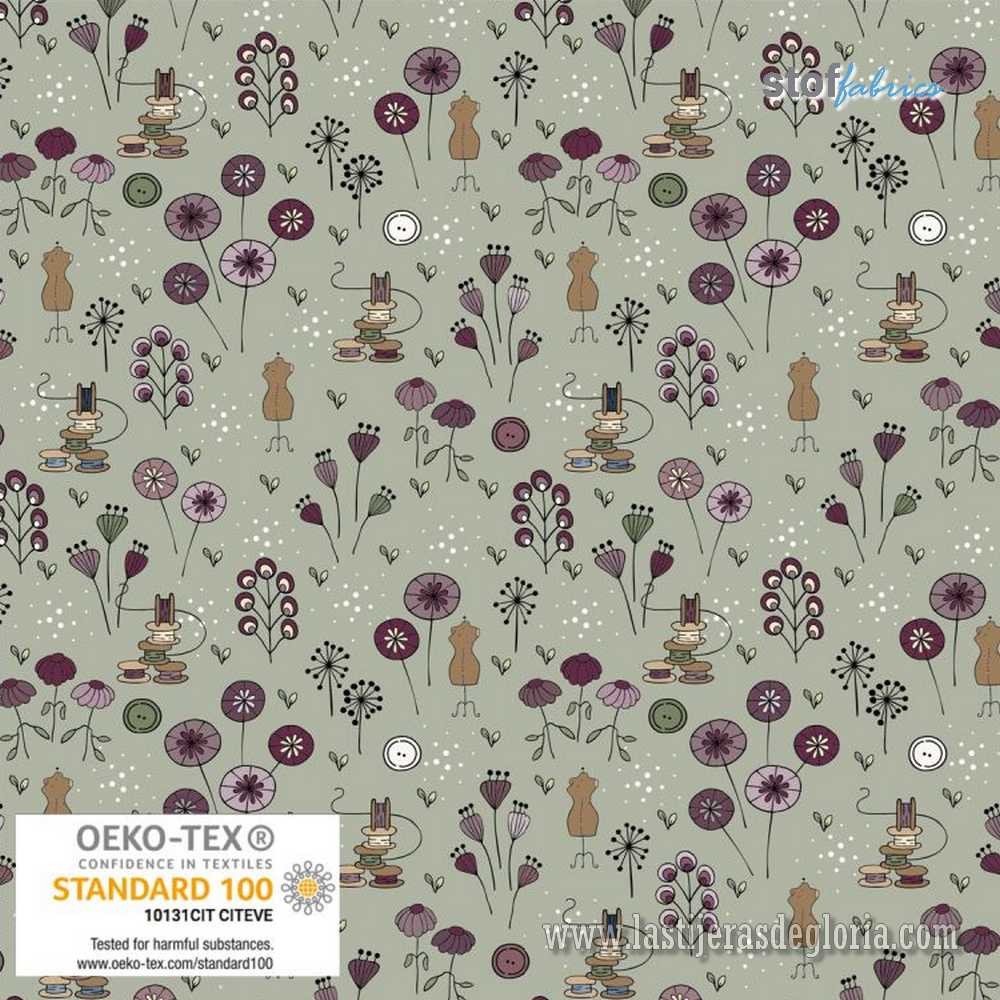 Tela motivos costura verde salvia Bobbins and Blooms Stof Fabrics