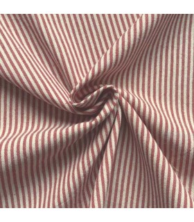 Tela tramada de algodón rayas rojo sobre tono natural ancho 140 cm. Norel