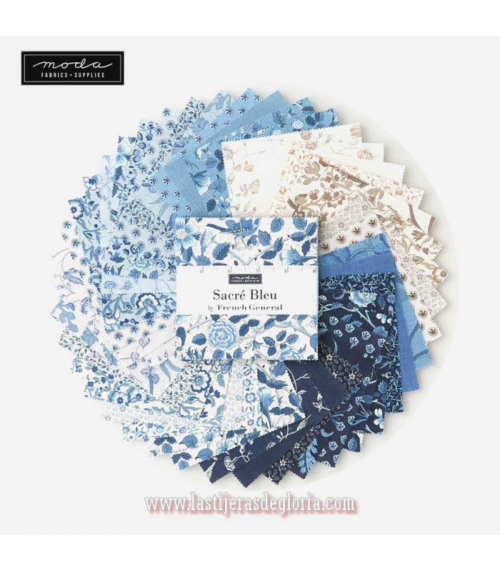 Precortado Charm Pack 42 telas 5 x 5" colección SACRÉ BLEU de Moda Fabrics
