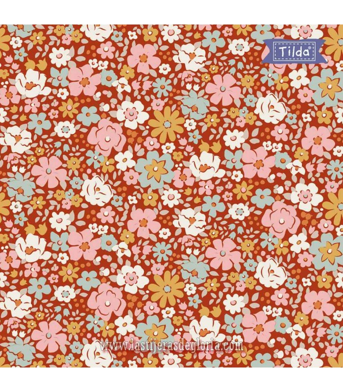 Tela floral rojo óxido Tilda Village Life Esther Rust