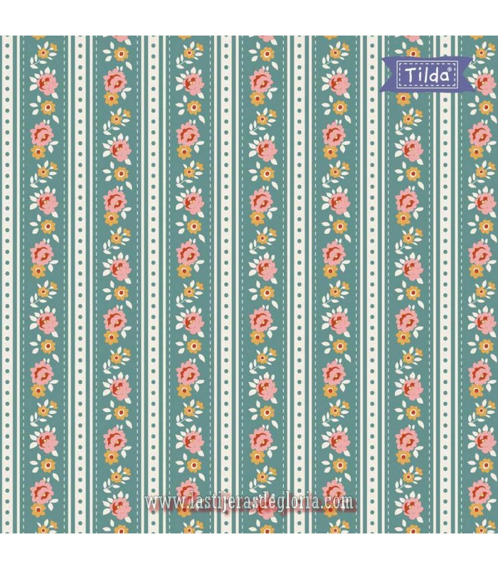Tela franjas verde azulado Tilda Village Life Agnes Teal