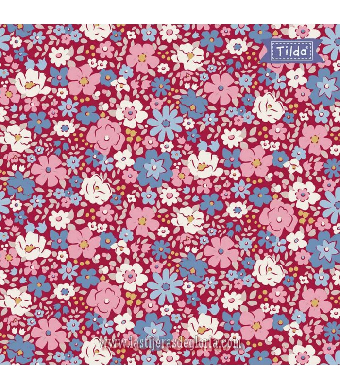 Tela floral rojo burdeos Tilda Village Life Esther Burgundy