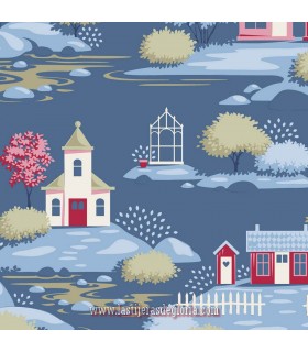 Tela aldea azul Tilda Village Life Village Blue