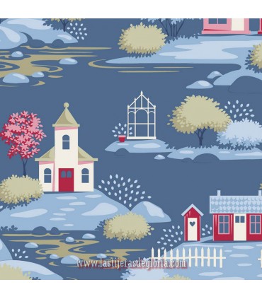 Tela aldea azul Tilda Village Life Village Blue
