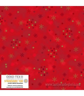 Tela Navidad copos de nieve y racimos metálicos rojo Snow Crystals de Stof Fabrics