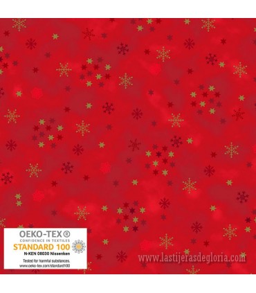 Tela Navidad copos de nieve y racimos metálicos rojo Snow Crystals de Stof Fabrics