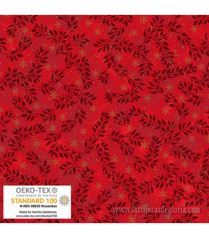 Tela Navidad ramas y copos de nieve metálicos rojo Snow Crystals de Stof Fabrics