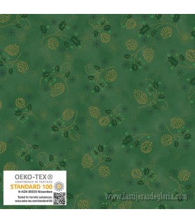Tela Navidad piñas y acebo metálico verde Snow Crystals de Stof Fabrics