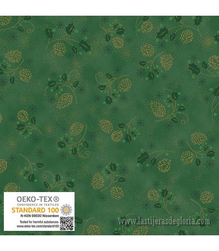 Tela Navidad piñas y acebo metálico verde Snow Crystals de Stof Fabrics