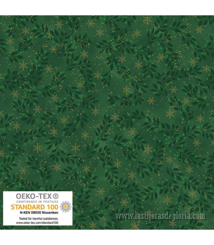 Tela Navidad ramas y copos de nieve metálicos verde Snow Crystals de Stof Fabrics