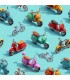 Tela con motos VESPA y bicicletas en 3D sobre turquesa ancho 140 cm. Xanadu