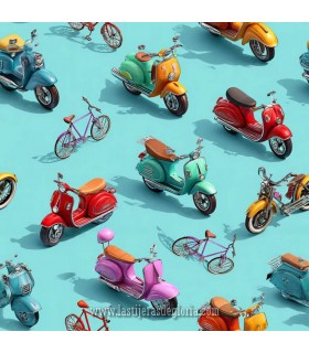 Tela con motos VESPA y bicicletas en 3D sobre turquesa ancho 140 cm. Xanadu