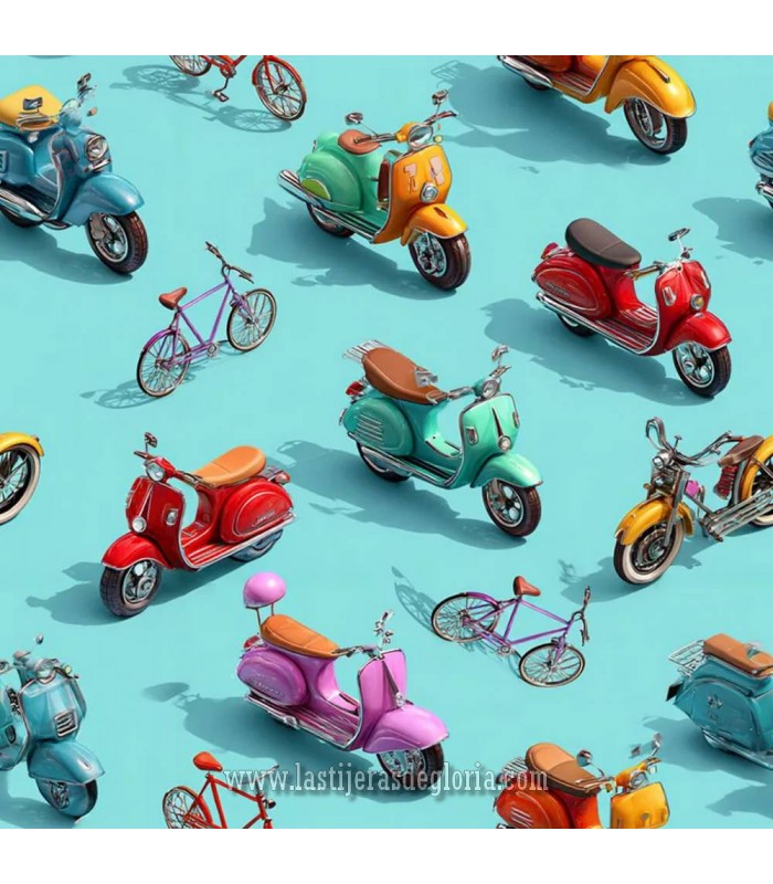 Tela con motos VESPA y bicicletas en 3D sobre turquesa ancho 140 cm. Xanadu