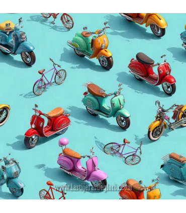 Tela con motos VESPA y bicicletas en 3D sobre turquesa ancho 140 cm. Xanadu