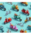 Tela con motos VESPA y bicicletas en 3D sobre turquesa ancho 140 cm. Xanadu