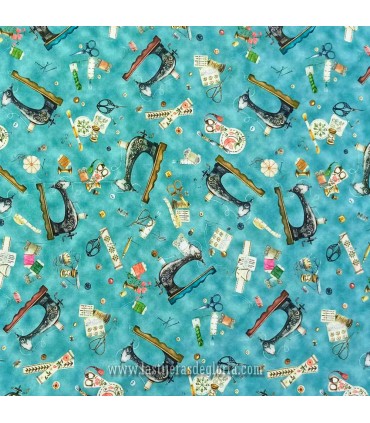 Tela accesorios costura y máquinas vintage azul polvo Make It Sew de Robert Kaufman