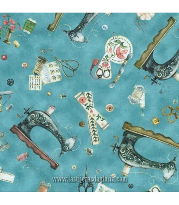 Tela accesorios costura y máquinas vintage azul polvo Make It Sew de Robert Kaufman