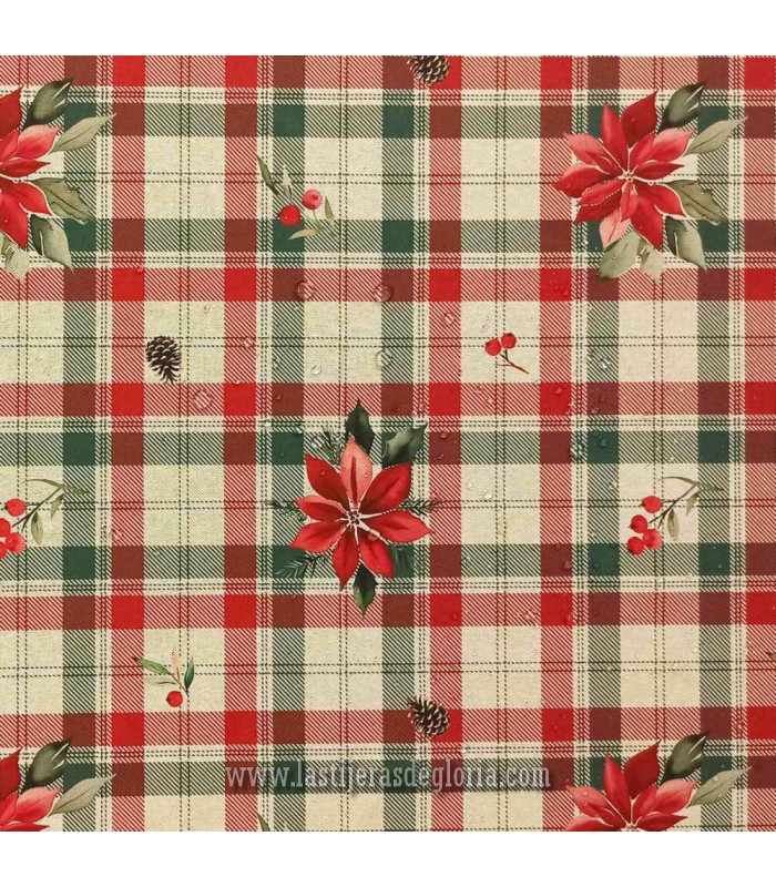 Loneta de algodón cuadros y poinsettia beige-rojo ancho 160 cm. XMAS