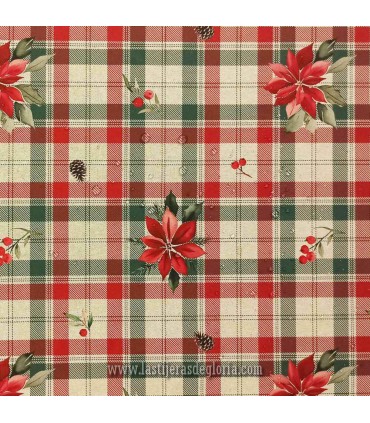 Loneta de algodón cuadros y poinsettia beige-rojo ancho 160 cm. XMAS