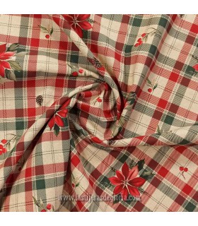 Loneta de algodón cuadros y poinsettia beige-rojo ancho 160 cm. XMAS