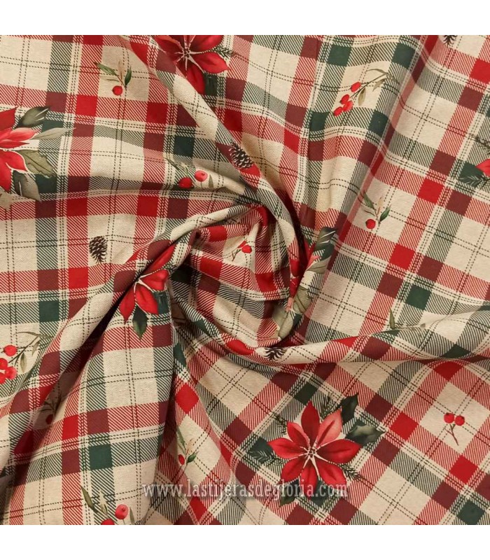 Loneta de algodón cuadros y poinsettia beige-rojo ancho 160 cm. XMAS