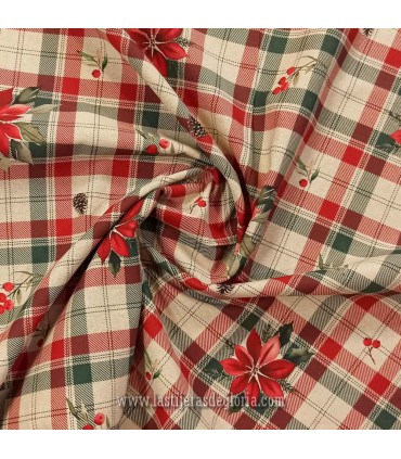 Loneta de algodón cuadros y poinsettia beige-rojo ancho 160 cm. XMAS