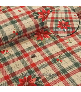 Loneta de algodón cuadros y poinsettia beige-rojo ancho 160 cm. XMAS
