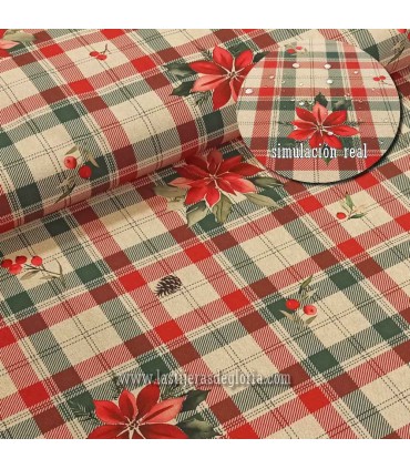 Loneta de algodón cuadros y poinsettia beige-rojo ancho 160 cm. XMAS