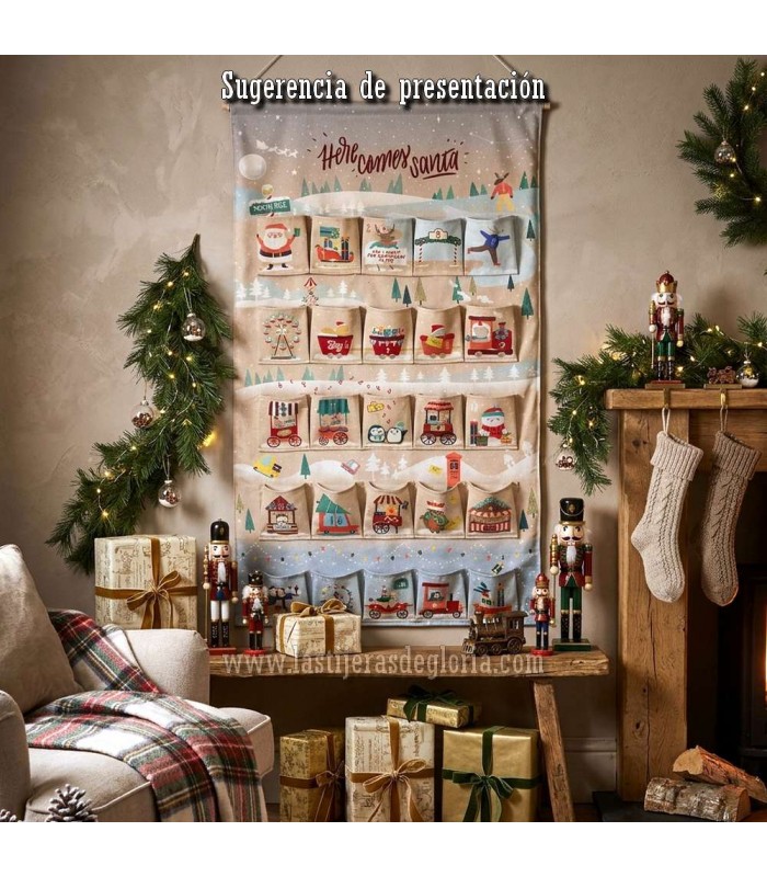 Panel Calendario de Adviento Navidad 135 x 150 cm. efecto lino Merry Christmas